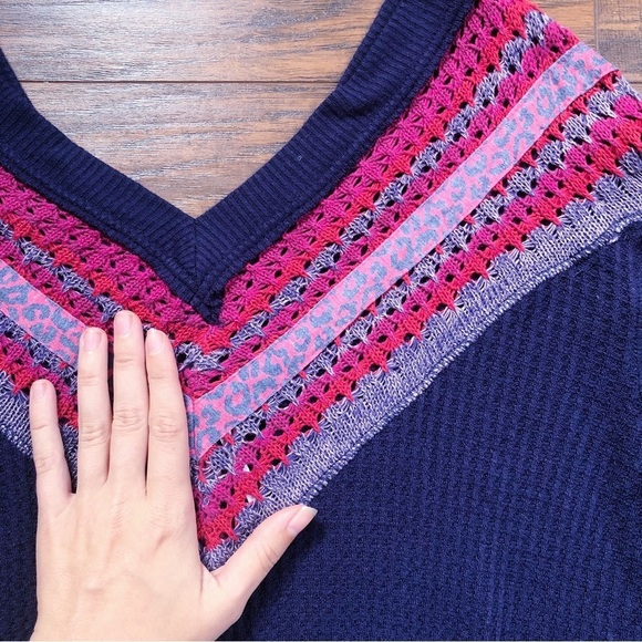 Free People • Copenhagen thermal knit top balloon sleeve mixed media navy red - Picture 7 of 13